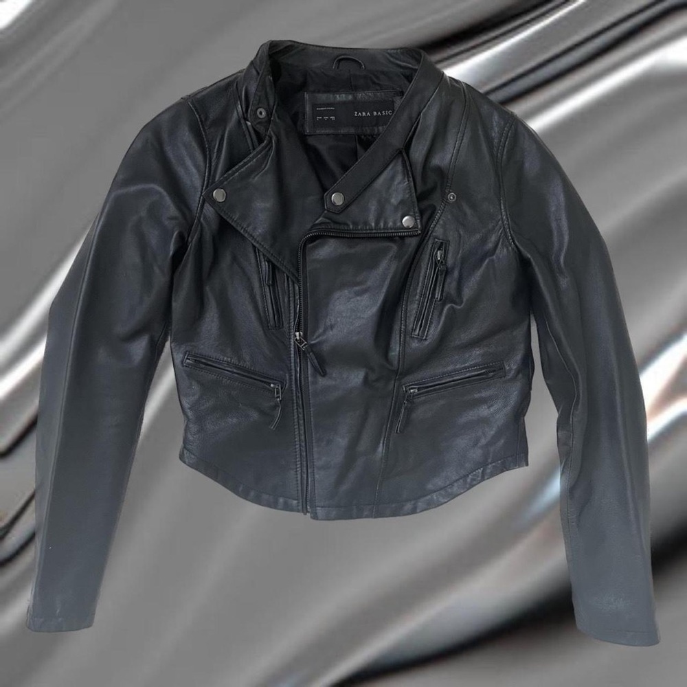 2000s Black Zara Leather motorcycle jacket.